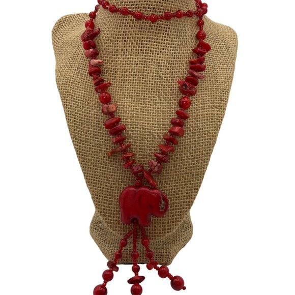Vintage New Handmade Red Glass Coral Long Necklace Carved Elephant Boho - Picture 1 of 5
